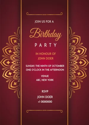 Birthday Invitation Card design template, maroon gradient design with beautiful golden mandala