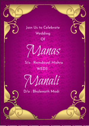 Golden Wedding Card, Rich vibrant purple color with golden ornament border