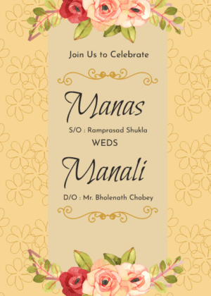 Floral Wedding Invitation card, floral background, beautiful color contrast with name of bride and groom