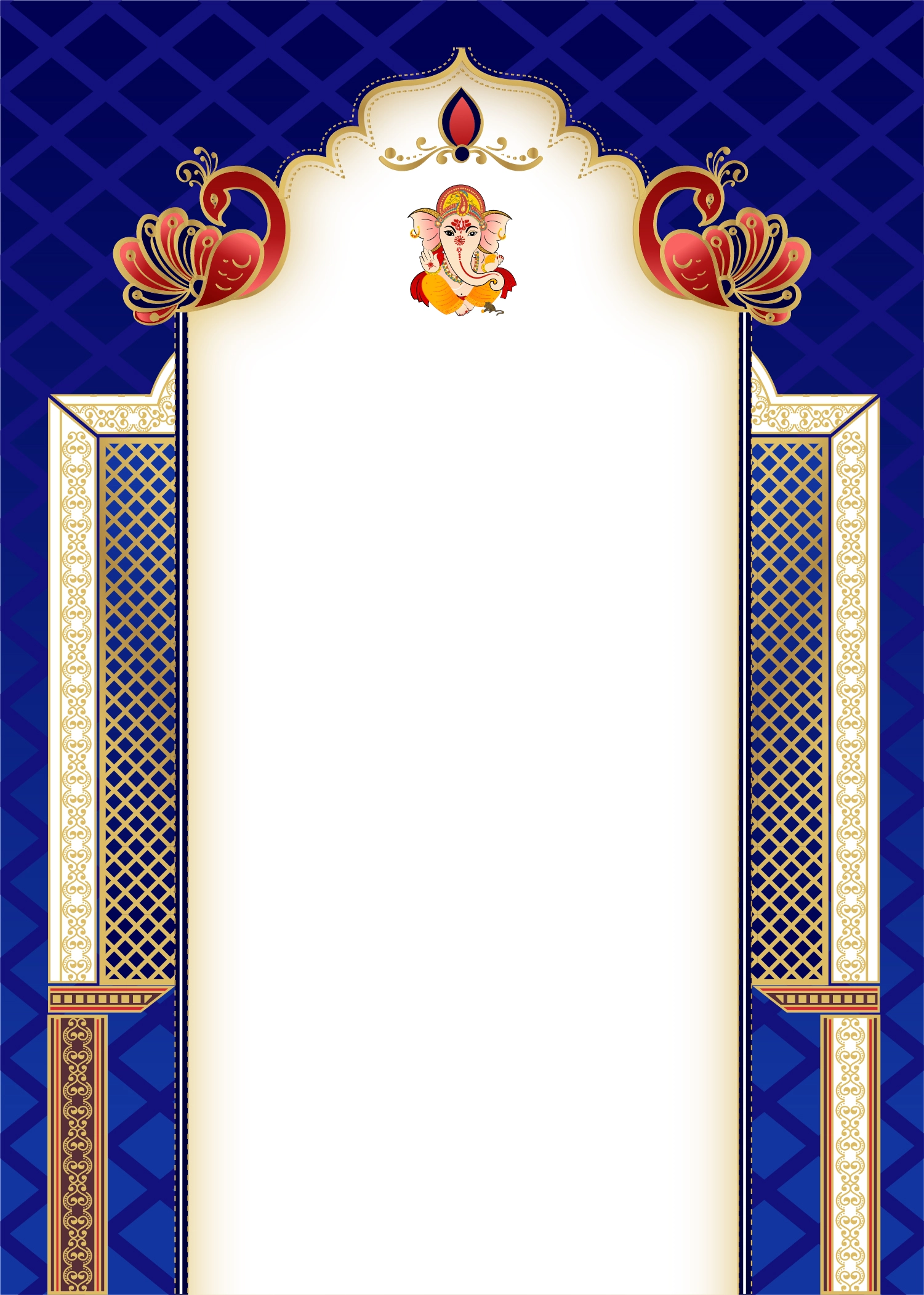 Blue Indian wedding invitation card design, bride and groom caricature with ganesha