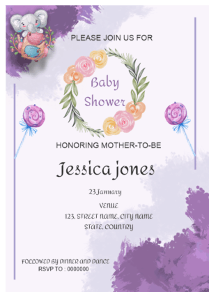 Charming baby shower invitation card, floral wreath, purple wreath and sweet clip art decoration