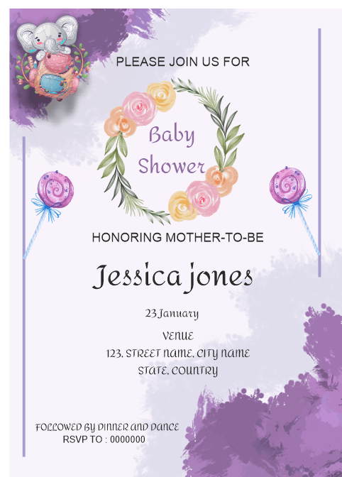 Charming baby shower invitation card, floral wreath, purple wreath and sweet clip art decoration