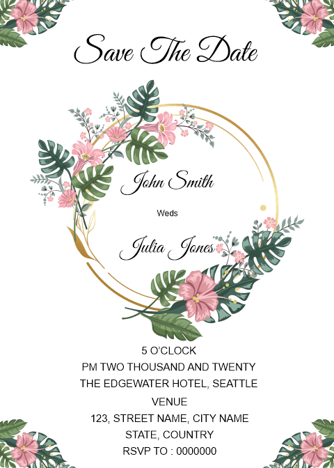 Floral Digital Invitation card design, floral Wreath with flower corner