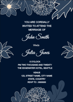 Wedding Save the Date card design, Dark blue background with blue Dahlias decoration border