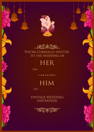 Ganesha Wedding Card, Vibrant color with auspicious indian bells, maroon color and flower garden