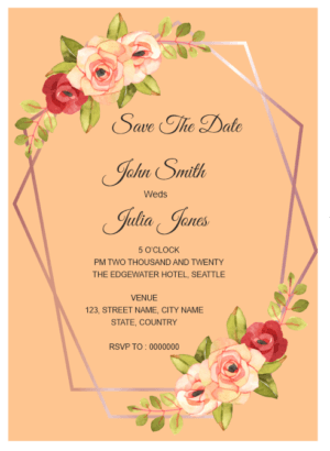 Golden Wreath Save the date invitation card design, long floral wreath