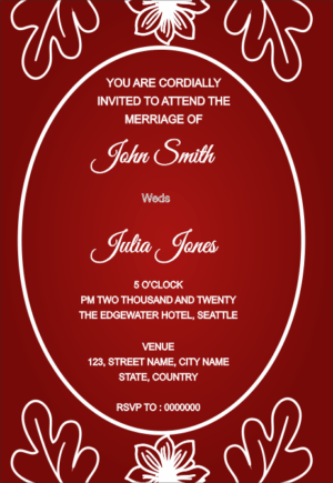 Hanging leaves marriage invitation card design, maroon background and line art flower and leaves