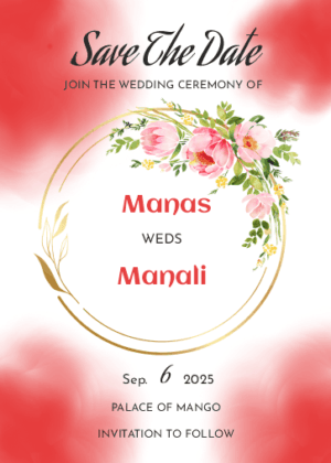 New save the date card design, watercolor splashes with floral wreath