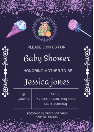 Baby sparkle baby shower invitation card, dark purple background with icecream and sweets cliparg