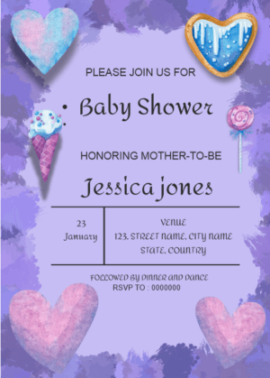 Purple Baby Shower Invitation Card, purple background with sweet and heart shape clip arts