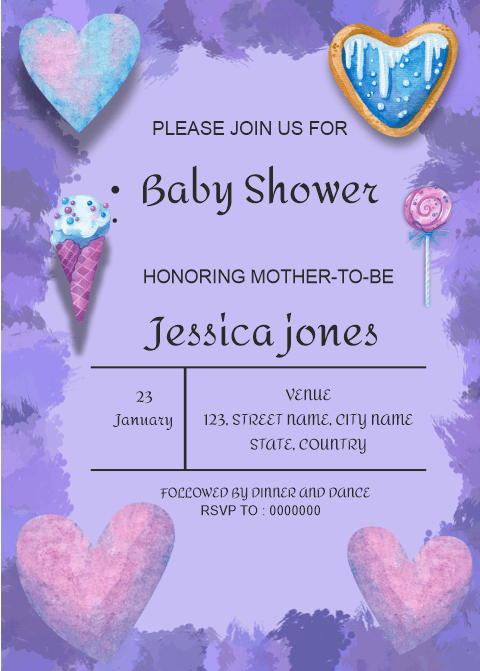 Purple Baby Shower Invitation Card, purple background with sweet and heart shape clip arts