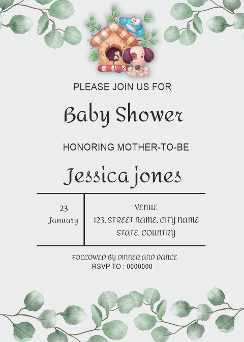Charming Baby Shower Invitation Card, Hanging leave and homestead puppy decoration