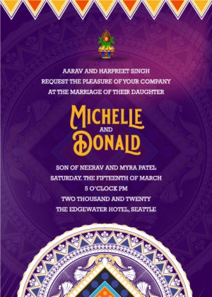 Traditional Wedding Invitation Card, Mandala and purple hue gradient background