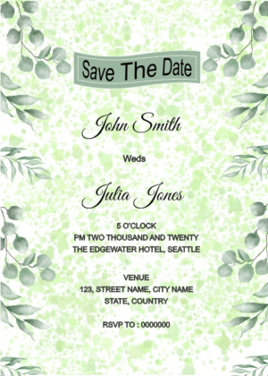 Watercolor save the date card design, Eucalyptus leaves border with green brush effect
