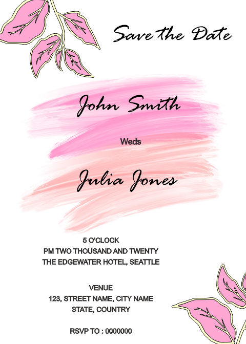 brush stroke artistic save the date card design, hanging pink flowers with artistic leaves