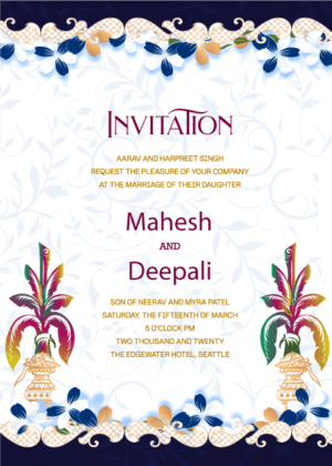 E wedding Invitation, blue hanging flower with kalash and floral background