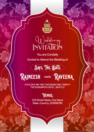 Rose Romance Latest wedding invitation card, beautiful creation, auspicious kalash and red pink floral background design.