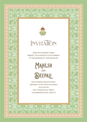 Vintage Green Wedding Invitation Card, Beautiful parrot color background and vintage border decoration e invite