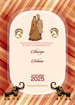 Caricature wedding invitation card, bride and groom cartoon decoration.