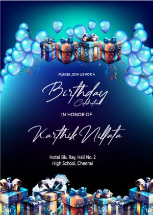 Birthday ceremony invitation card, online editable, balloons and gift decoration