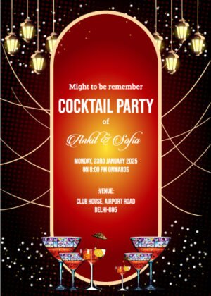 Cocktail party invitation card design, glass and wine picture on gradient background