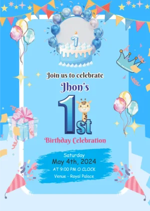 stunning blue-colored birthday invitation card with decorative balloons and cake graphics