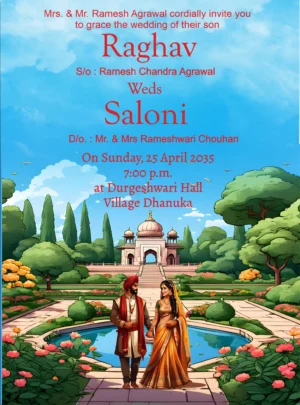 Temple and bride groom image over a wedding e Patrika template