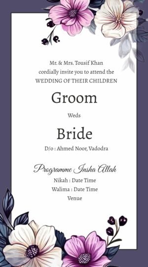 Elegant Purple Flower Muslim Wedding Invitation: Editable Template