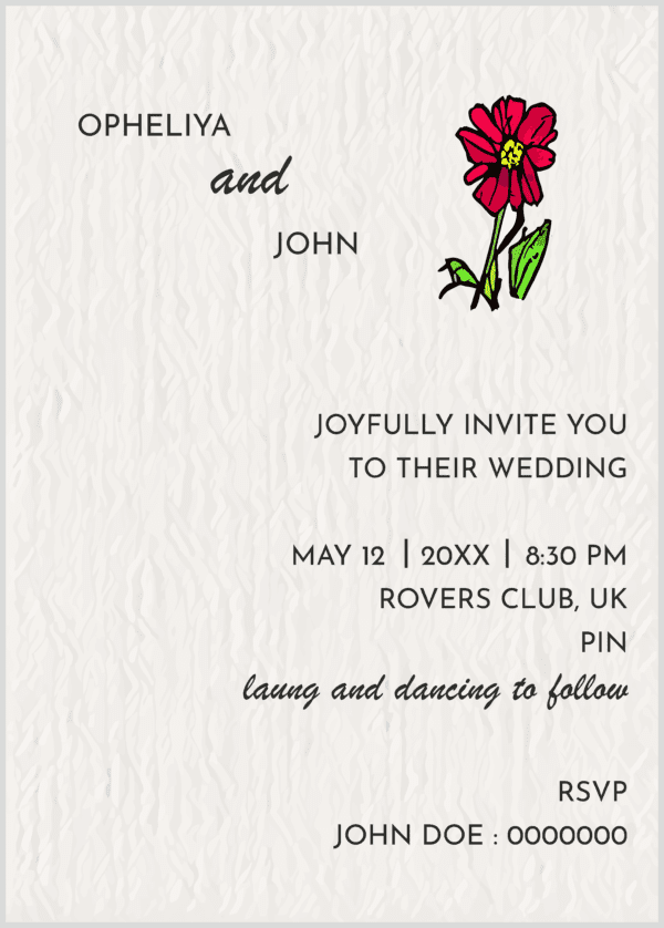 Rustic Wedding Invitation card textured background with wild flowers.