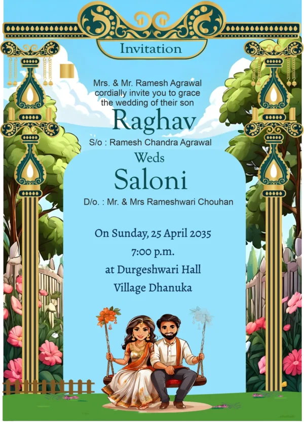 caricature wedding invitation, dulha dulhan image on wedding invitation
