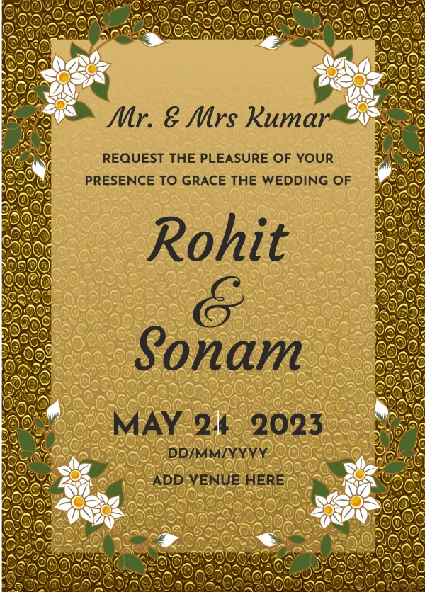 golden wedding ecard, create marriage invitation online with this beautiful golden border card design image