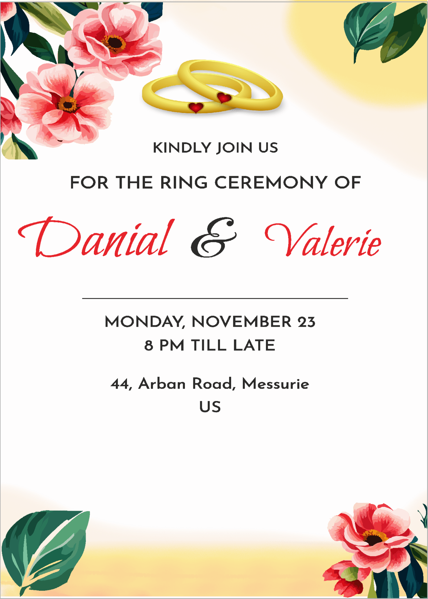 Engagement Invitation Card Yellow Brush Stroke Flower Theme