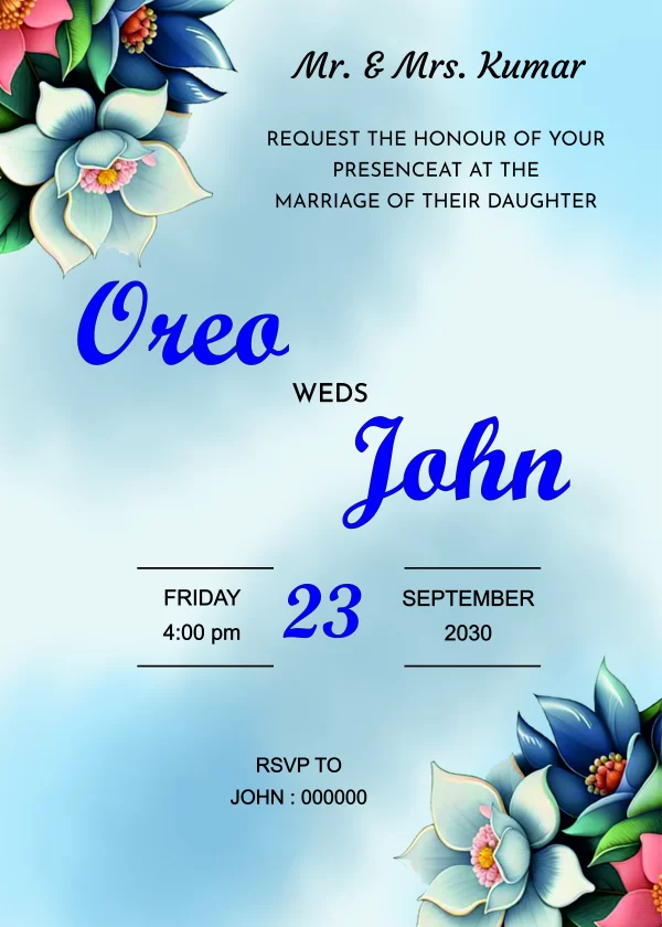 Floral blue brush watercolor wedding invitation card tempalte