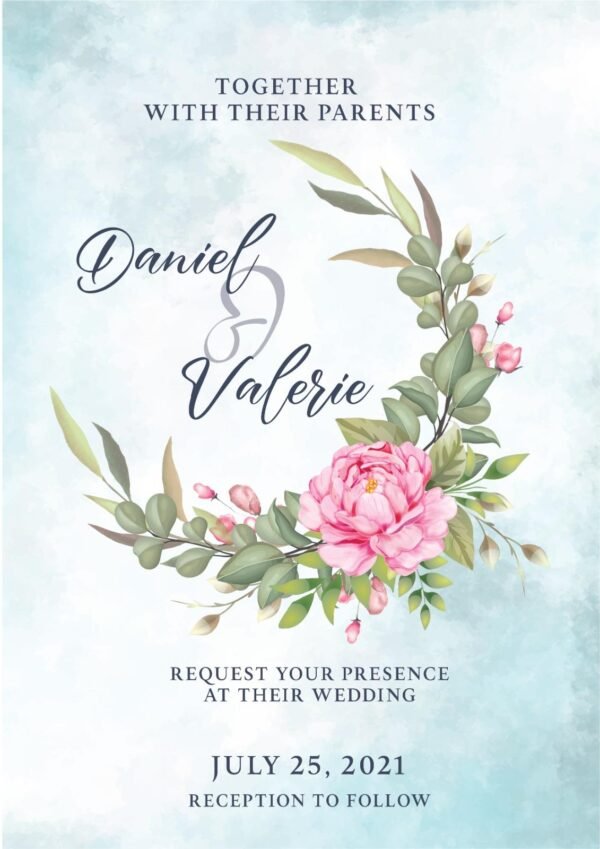Watercolor wedding invitation card, wreath of flowers