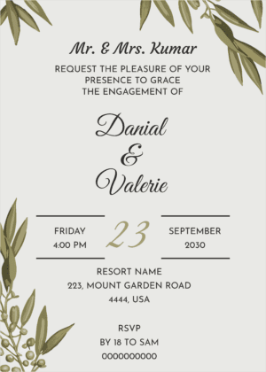 A leafy Wedding Invitation card design, editable with online graphic design