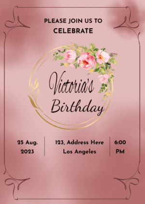 Online Birthday Card design, edit online with ease, brown background with florar wreath of flowers beautifully crafted