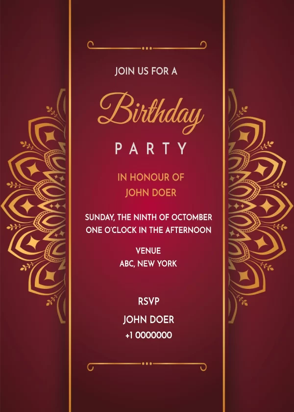 Birthday Invitation Card design template, maroon gradient design with beautiful golden mandala