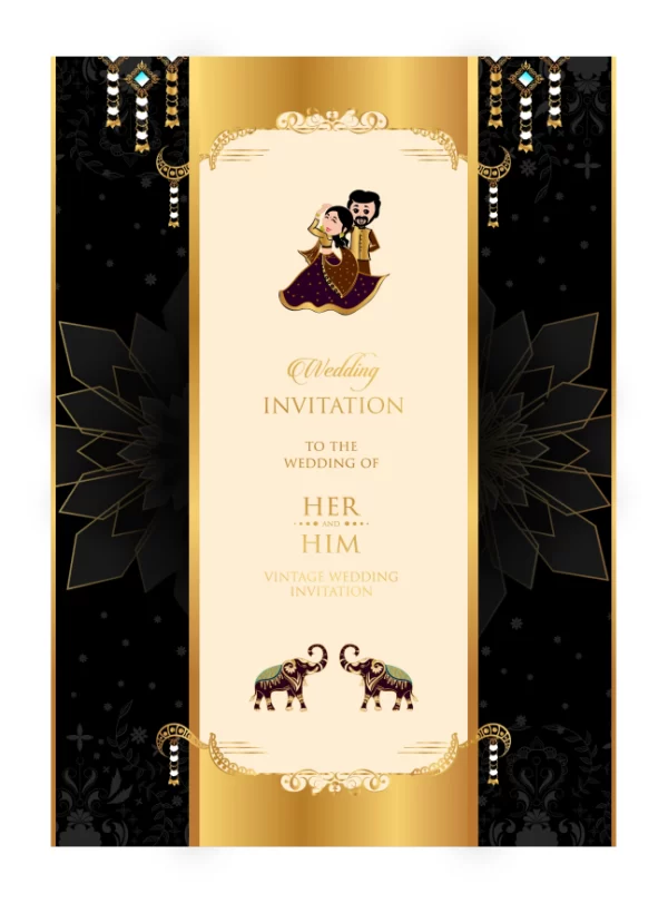 Golden Caricature Wedding Invitation Card design, Golden foil with hanging garland, Indian style