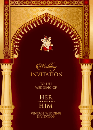 Image of a golden arch wedding invitation Card with Ganesha