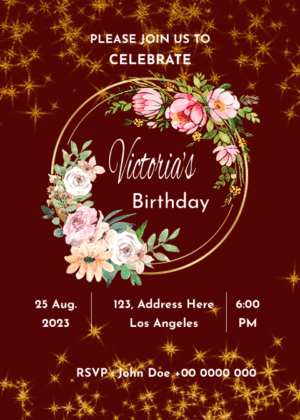 sparkle birthday card design, star shining glittering effect with watercolor wreath of flowers