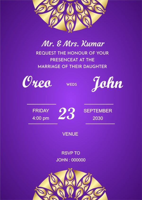 Purple wedding invitation card beautiful golden mandala