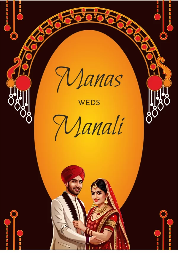 Brown and orange indian themed shadi card, beautiful bride and groom posing in royal dress on this wedding invitation