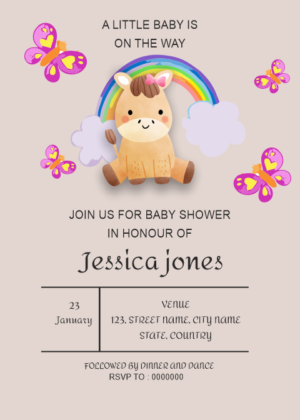 Rainbow Baby Shower card for girl, bear caricature and butterfly