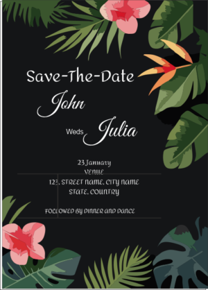 Black Garden Save the date card, stunning black background with watercolor flowers and leaves on top