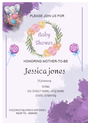Charming baby shower invitation card, floral wreath, purple wreath and sweet clip art decoration