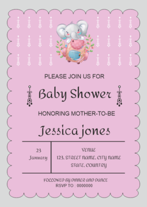 Elephant Delight Baby Shower Card, pink background with elephant caricature on it