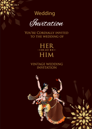 Dancing Radhe Krishna wedding invitation card design, coffee color beautiful background with golden mandala, celebrate your wedding with this indian themed wedding shadi card template