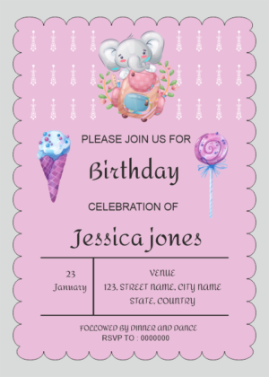 Elephant Birthday Invitation Card, pachyderm image over pink background, with icecream cone, and toffee vector