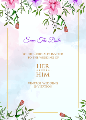 Floral Save the Date Card design, beautiful hanging watercolor flowers with rainbow background
