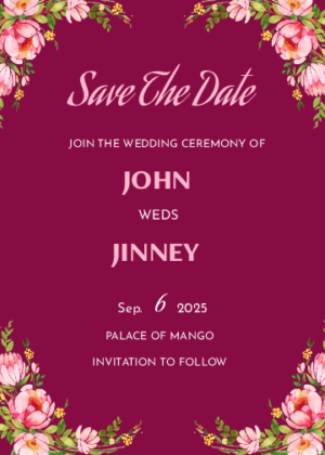 online free save the date card, floral corners with dark mehroon background